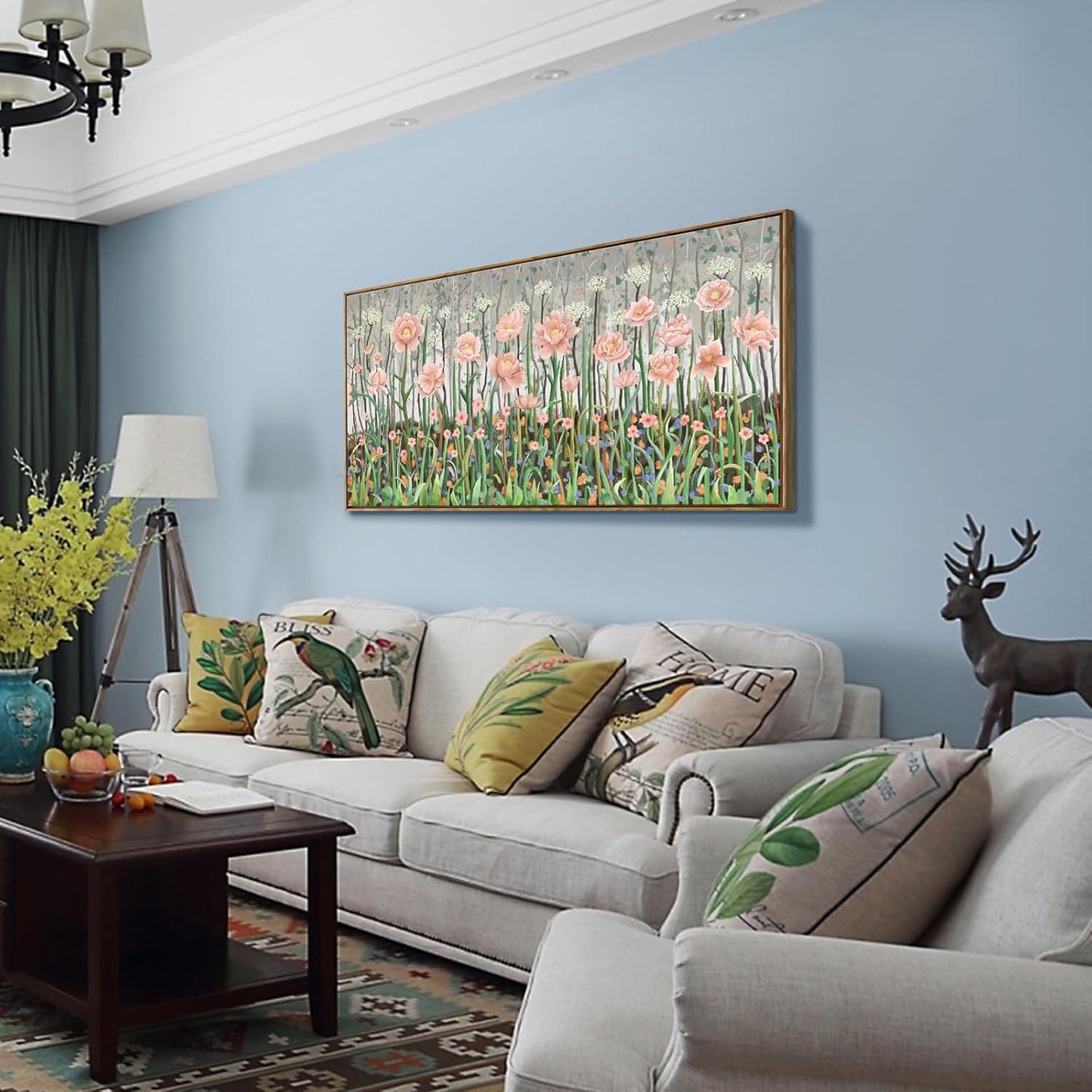 amatop Framed Large Floral Wall Art Modern Botanical Canvas Print Flower Field Wall Decor Abstract Landscape Picture Blooming Flower Forest Pink Green Artwork for Living Room Bedroom Office 48x24 in