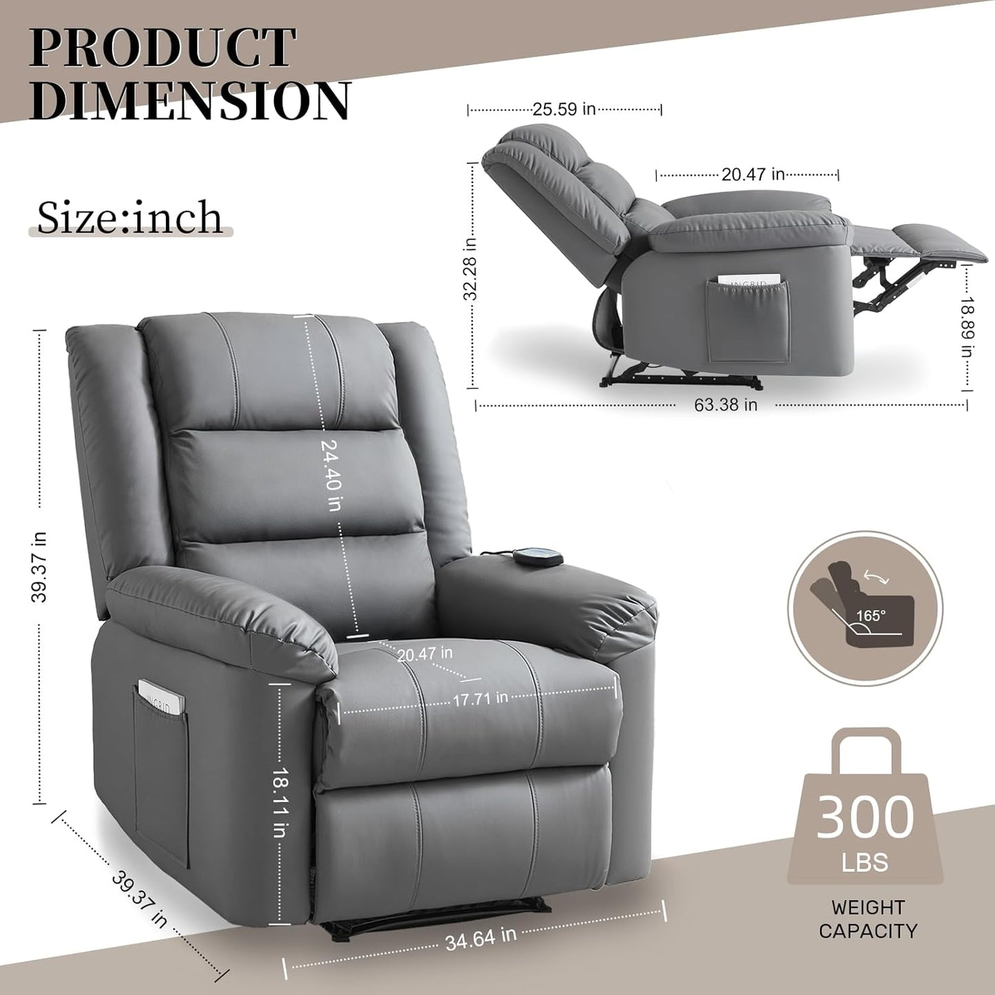Recliner Chair with Massage & Heat, 8 Vibration Points, 5 Modes, 115-165° Reclining, Manual Recliner for Adults, Timer & Intensity Control, Faux Leather Massage Chair with Side Pocket for Living Room