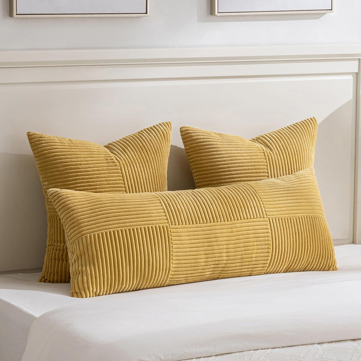 Fancy Homi 2 Packs Mustard Yellow Lumbar Decorative Throw Pillow Covers 16x32 Inch for Living Room Couch Bed, Rustic Farmhouse Boho Home Decor, Soft Striped Corduroy Rectangle Accent Cushion Case