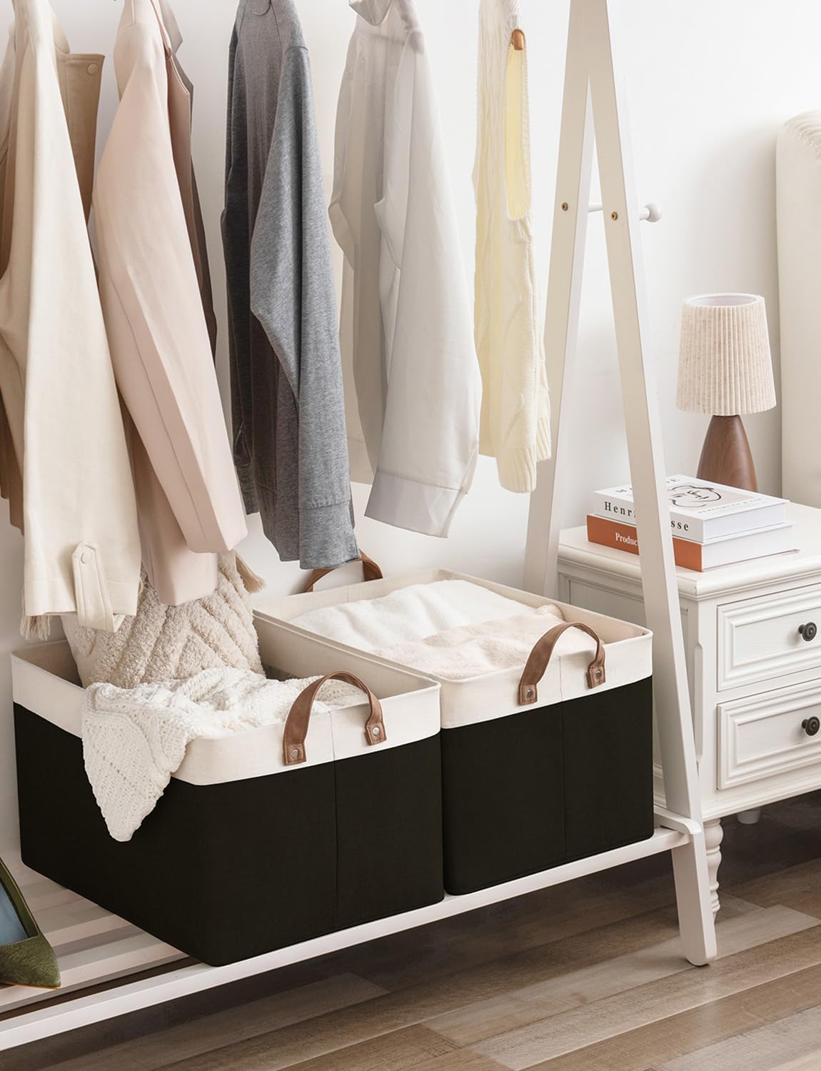 StorageWorks Storage Bins, Fabric Storage Bins for Shelves, Extra Large Storage Baskets with Metal Frame, Closet Baskets and Bins with Handles, Jumbo, Black and White, 2-Pack