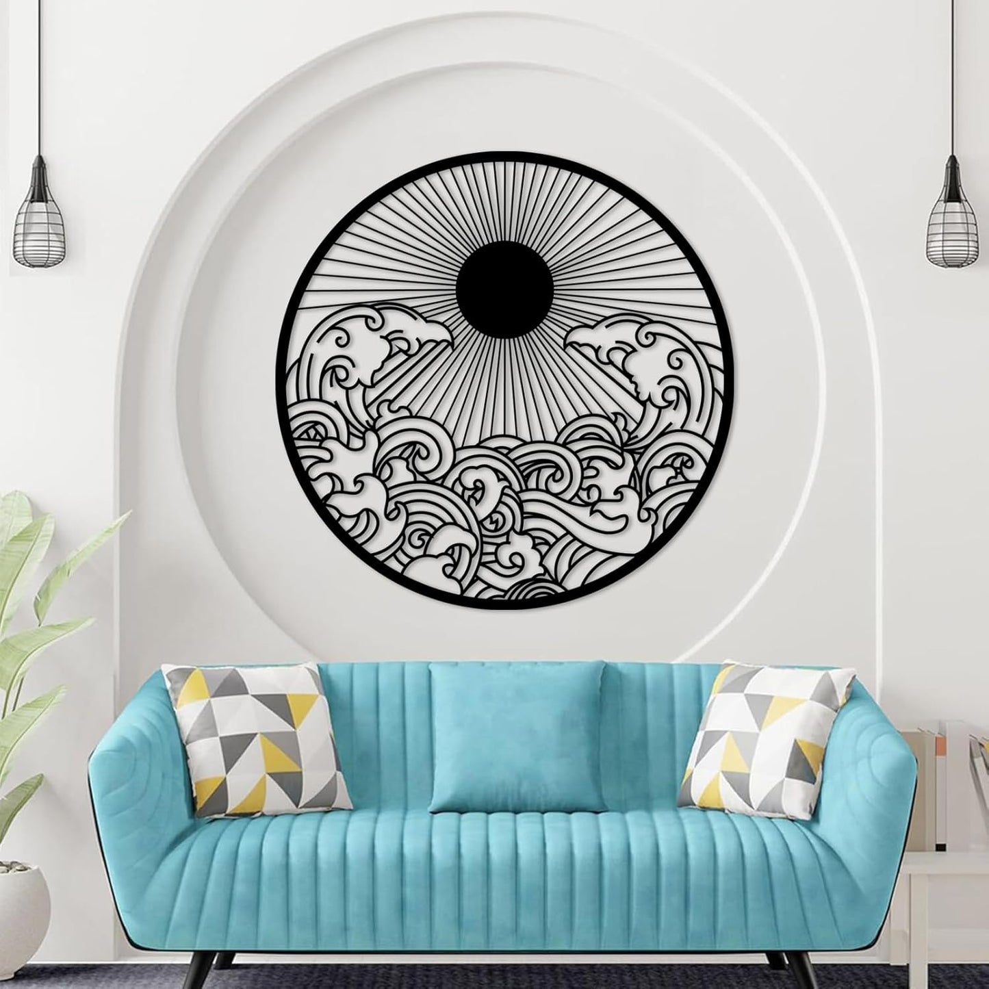 flyoak Metal Sun Wall Decor Outdoor, Sunrise Metal Wall Art, Metal Wave Wall Art, Sunrise and Wave Wall Decor, Sunburst Wall Art, Sunset Wall Art, Wall Hangings for Bedroom (Silver, 19x19in|47x47cm)