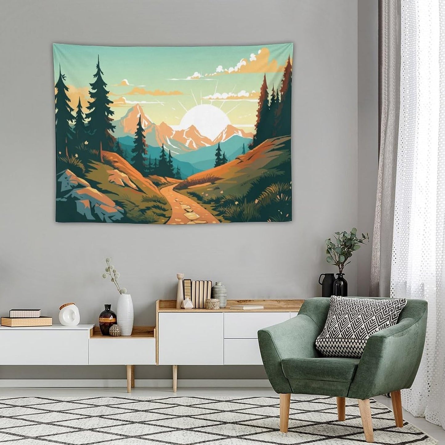 HZOHNAGO Mountain Tapestry Forest Mountain Sunrise Road Pattern Printed Wall Tapestry Wall Hanging for Bedroom Living Room Dorm 40" W x 30" H