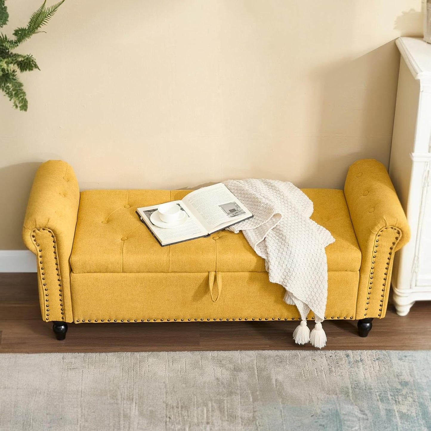 Furniliving 55” End of Bed Bench, Bedroom Bench with Button-Tufted, Large Upholstered Storage Ottoman Benches Window Bench with Storage Shoe Cabinet Bench, for Bedroom, Living Room, Linen, Yellow