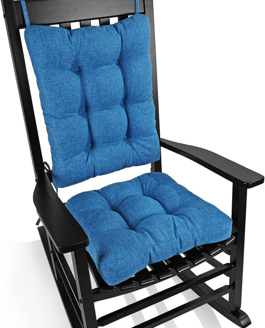 BUYUE Chair Cushion Set for Rocking Chair, Back Pillow & Seat Cushion with Ties, Original Woven Fabric Non-Slip Chair Pads for Elderly Sitting, Blue