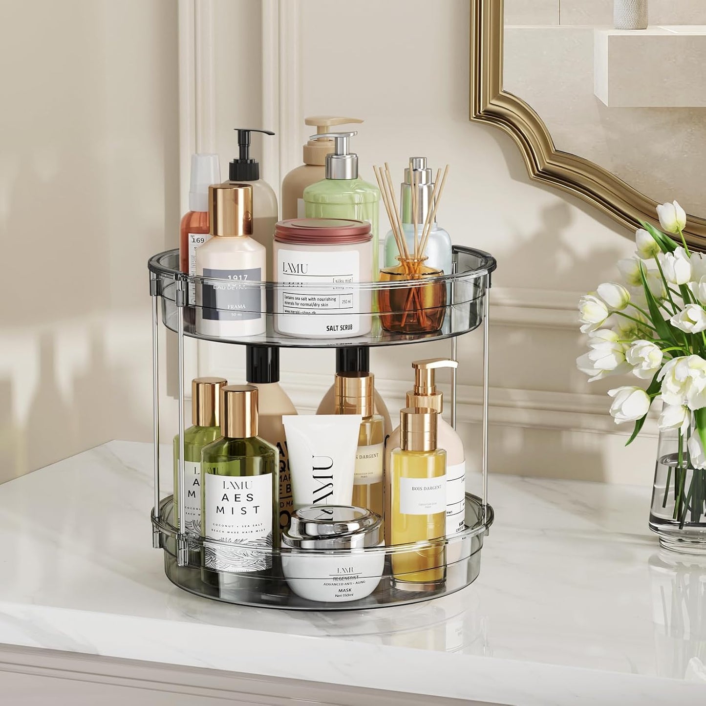 LAMU 2 Pack 2 Tier Lazy Susan Turntable Organizer 12'' Rotating Spice Rack Organization for Cabinet, Kitchen, Pantry, Countertop, Bathroom, Vanity, Medicine Cabinet Organizer, Grey