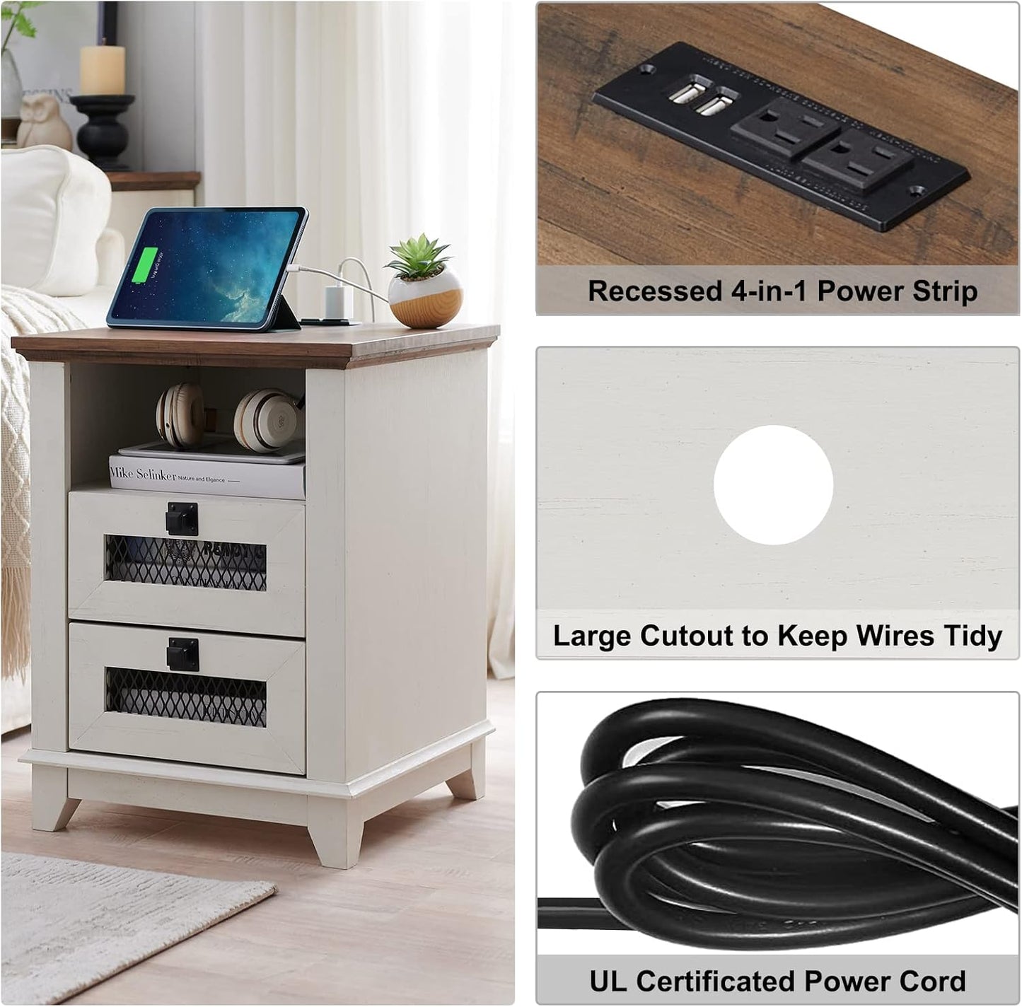 Nightstand with Charging Station,OKD 18'' Industrial & Farmhouse Square End Table w/ 2 Drawers & Open Cubby, Rustic Mesh Drawer Sofa Side Table w/Storage for Bedroom, Living Room Office, Antique White
