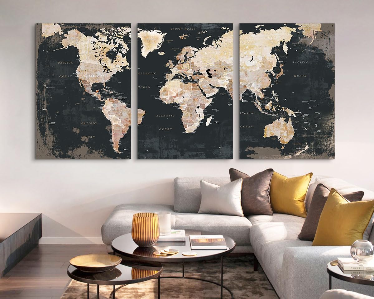 Living Room Wall Art Vintage Home Office Decor Extra Large Bedroom Wall Decor Black Pictures for Wall Decorations Map Paintings