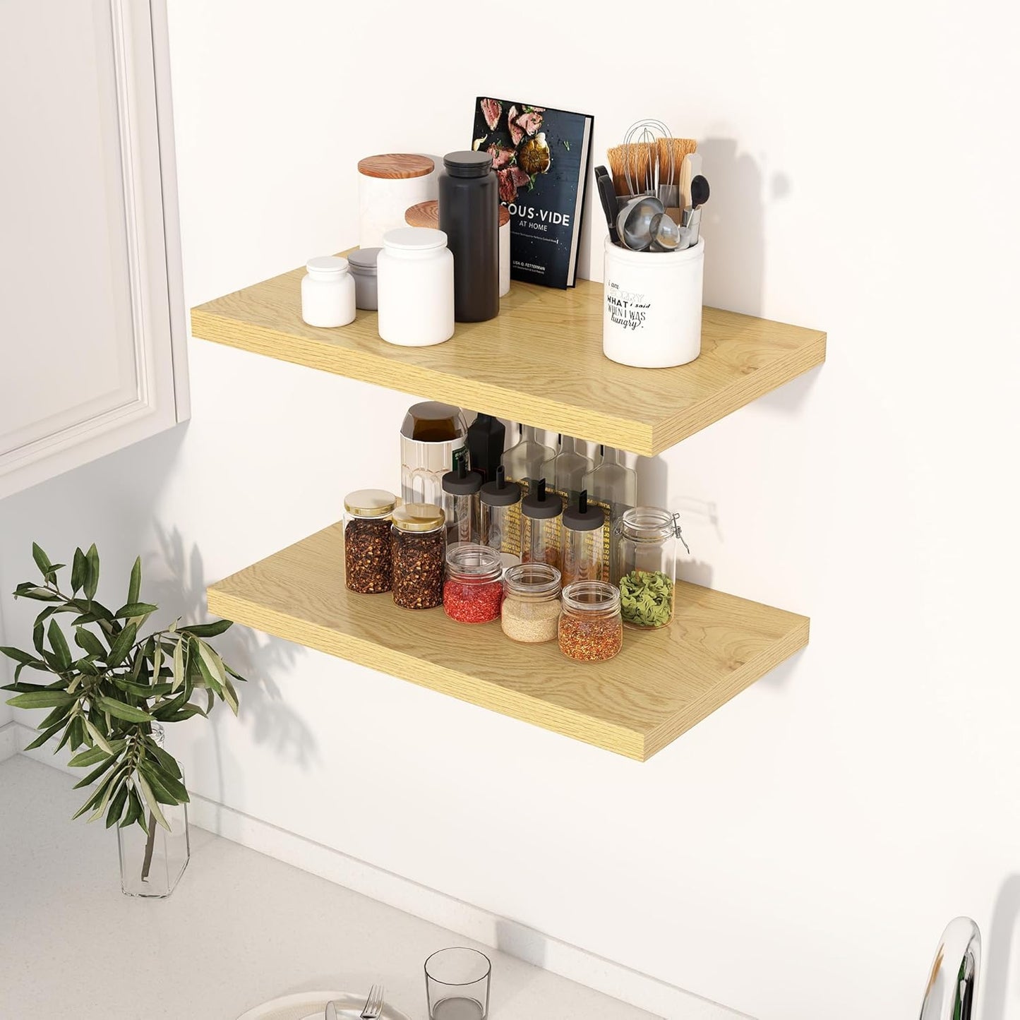 24" Floating Shelves for Wall, 12" Deep Slim Oak Floating Shelves, Wall-Mounted Shelves for Bedroom, Living Room, Kitchen, Bathroom - Set of 2