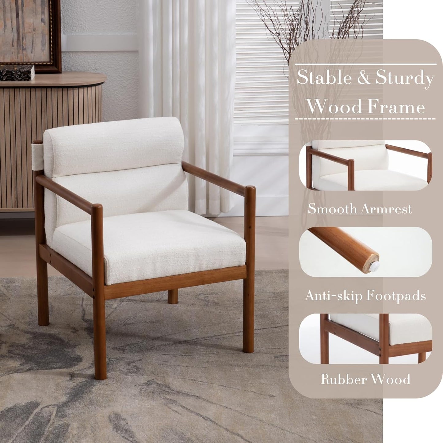 Modern Living Room Chair, White Upholstered Accent Chair with Channel Tufted Back, Brown Wood Lounge Reading Arm Chair, Linen Fabric Side Sitting Vanity Chair for Guest Room, Bedroom, Balcony