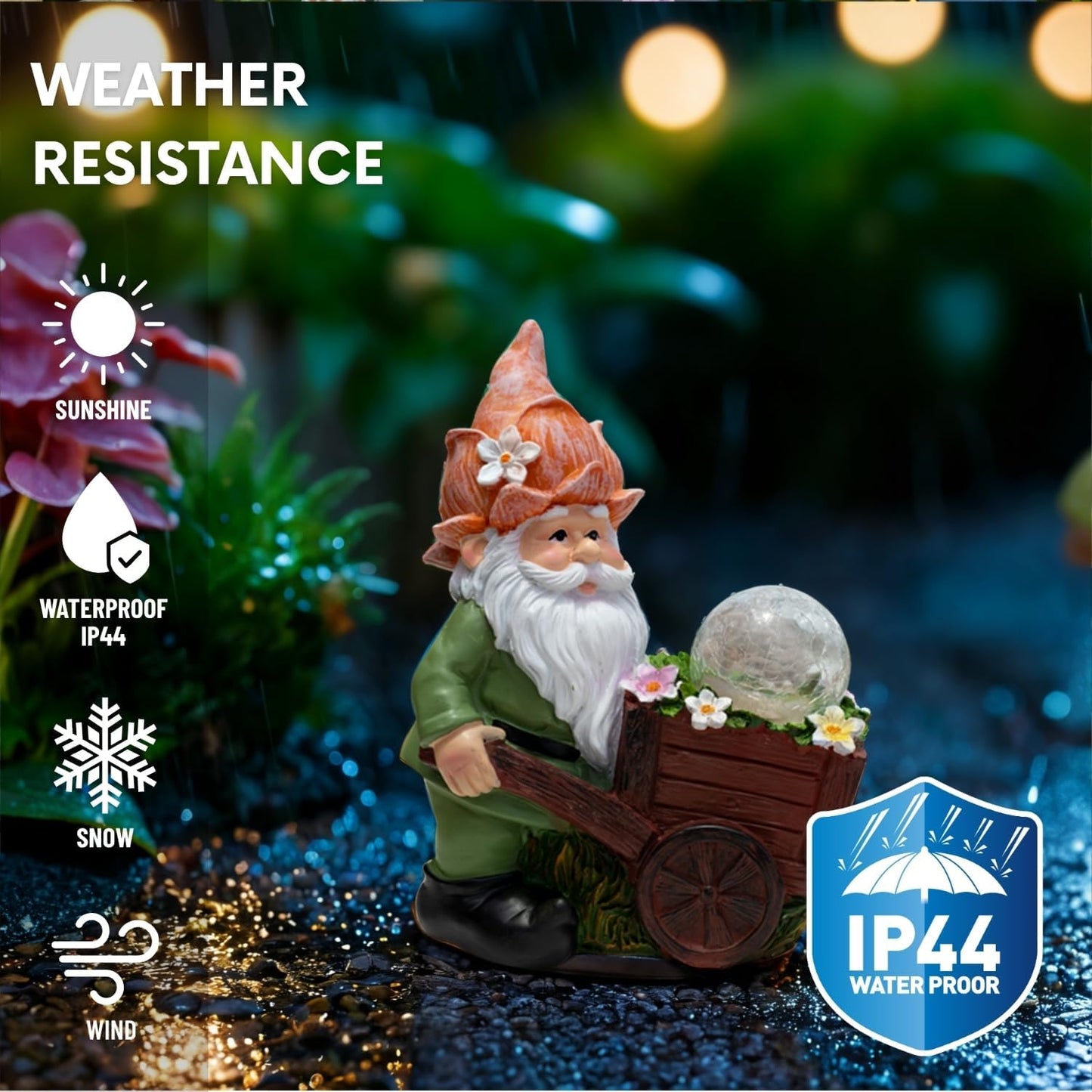 Solar Garden Gnome Statue with Crackle Glass Globe Lights, Waterproof Outdoor Decor for Patio, Lawn, or Yard, Whimsical Housewarming Gift(Green Gnomes)