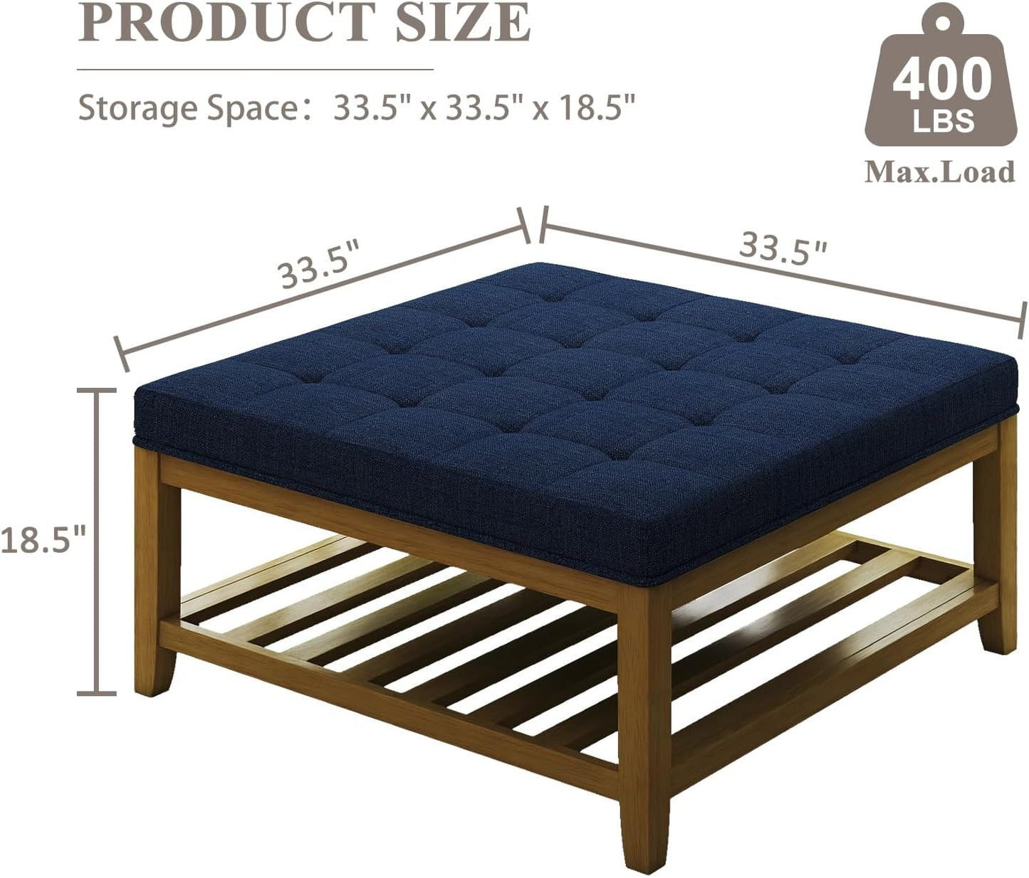 Large Square Ottoman Coffee Table, Linen Solid Upholstered Footrest Ottoman with Solid Wood Shelf Storage Tufted Coffee Table for Bedroom Living Room, Navy Blue