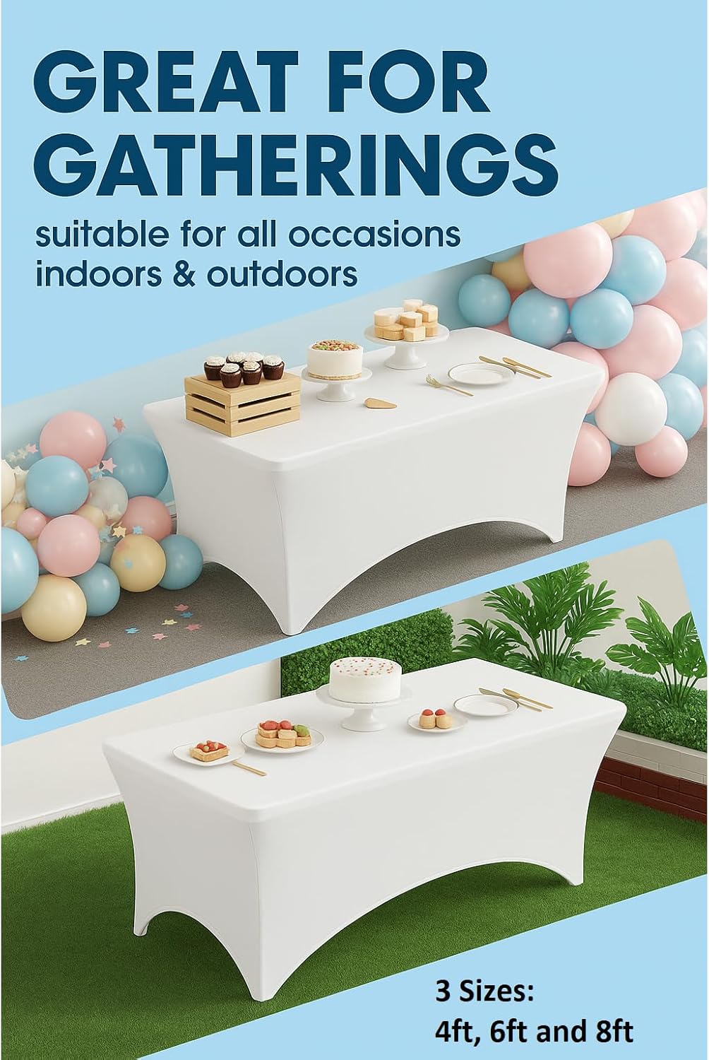 Craft And Party 6 Pack 6ft White Spandex Tablecloth – Fitted Stretch Cover – Universal Fit for Folding Tables – Wrinkle-Free, Washable – Ideal for Parties, Weddings, Events