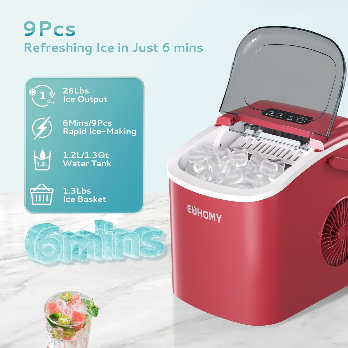 EUHOMY Countertop Ice Maker Machine with Handle, 26lbs Per Day, 9 Ice Cubes Ready in 6 Mins, Auto-Cleaning Portable Ice Maker with Basket and Scoop, for Home/Kitchen/Camping/RV (Red)