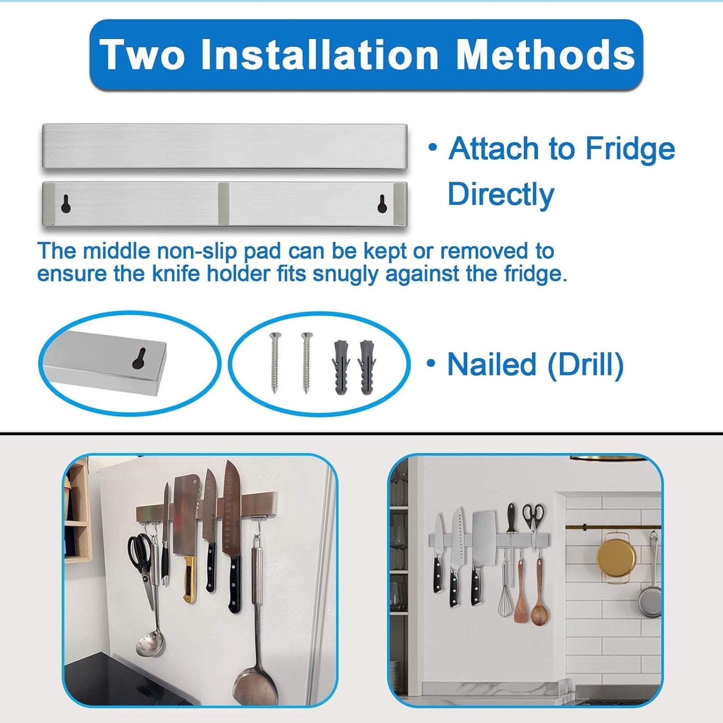 14 Inch Magnetic Knife Holder for Refrigerator - Knife Magnetic Strip for Fridge with Magnetic Hooks - Double Sided Magnetic Knife Bar - Stainless Steel Kitchen Magnetic Knife Hanger Rack