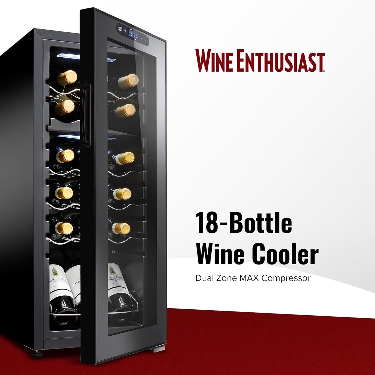 Wine Enthusiast 18-Bottle Dual Zone MAX Compressor Wine Cooler – Freestanding Beverage Refrigerator, Mini Fridge with Digital Touchscreen, Split Storage, Energy-Efficient Cooling, and LED Display