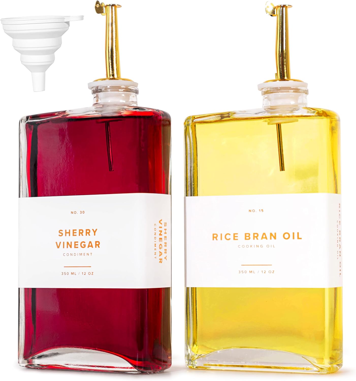 Glass Olive Oil Dispenser Bottle Set [2x17oz]: 36 Premium Gold Labels, Oil Dispenser for kitchen, Vinegar Bottle Set, Glass Dispensers for Soy Sauce, Syrup Bottles | Set of 2