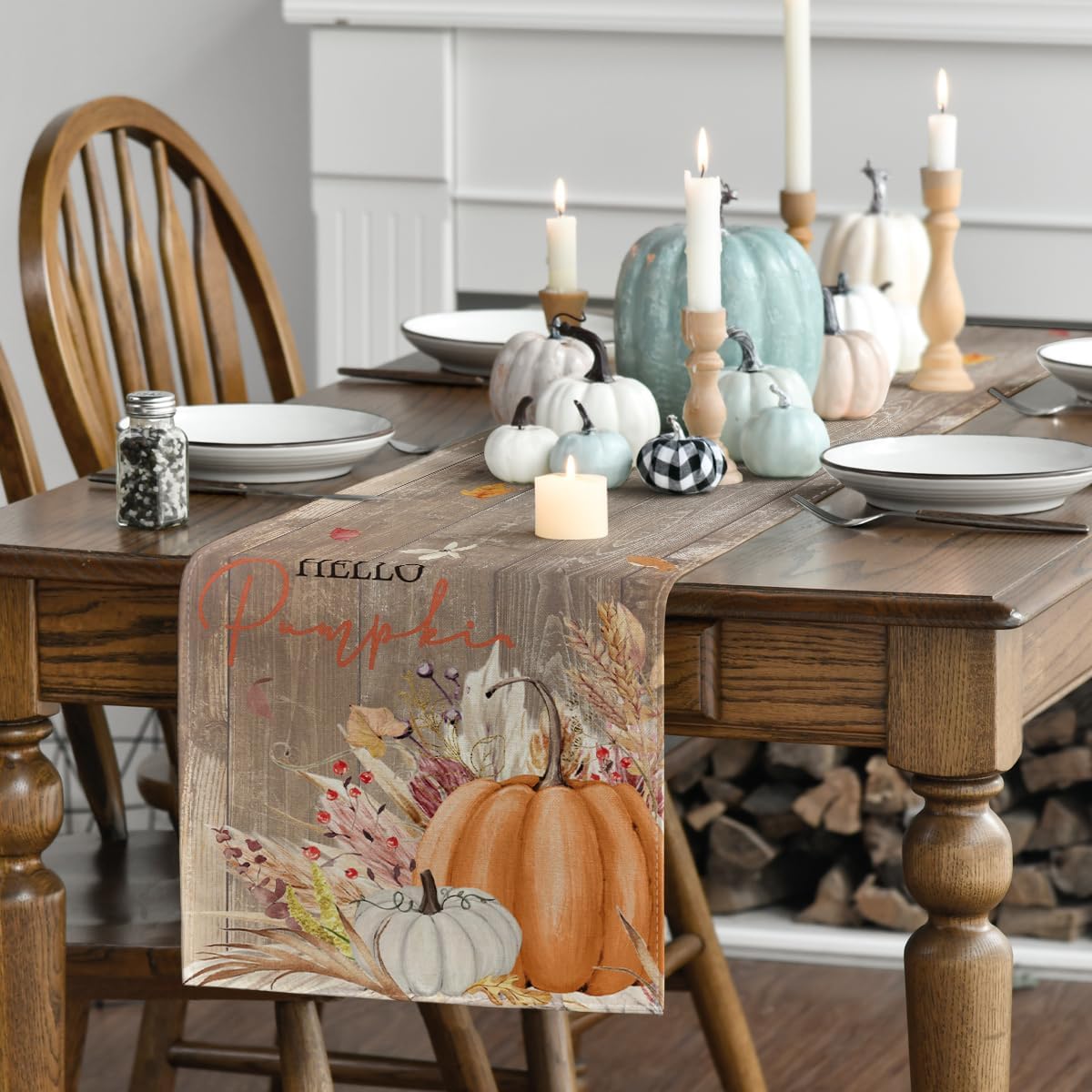 Artoid Mode Wood Hello Pumpkin Leaves 210 GSM Fall Table Runner, Seasonal Autumn Kitchen Dining Table Decoration for Home Party Decor 13x72 Inch