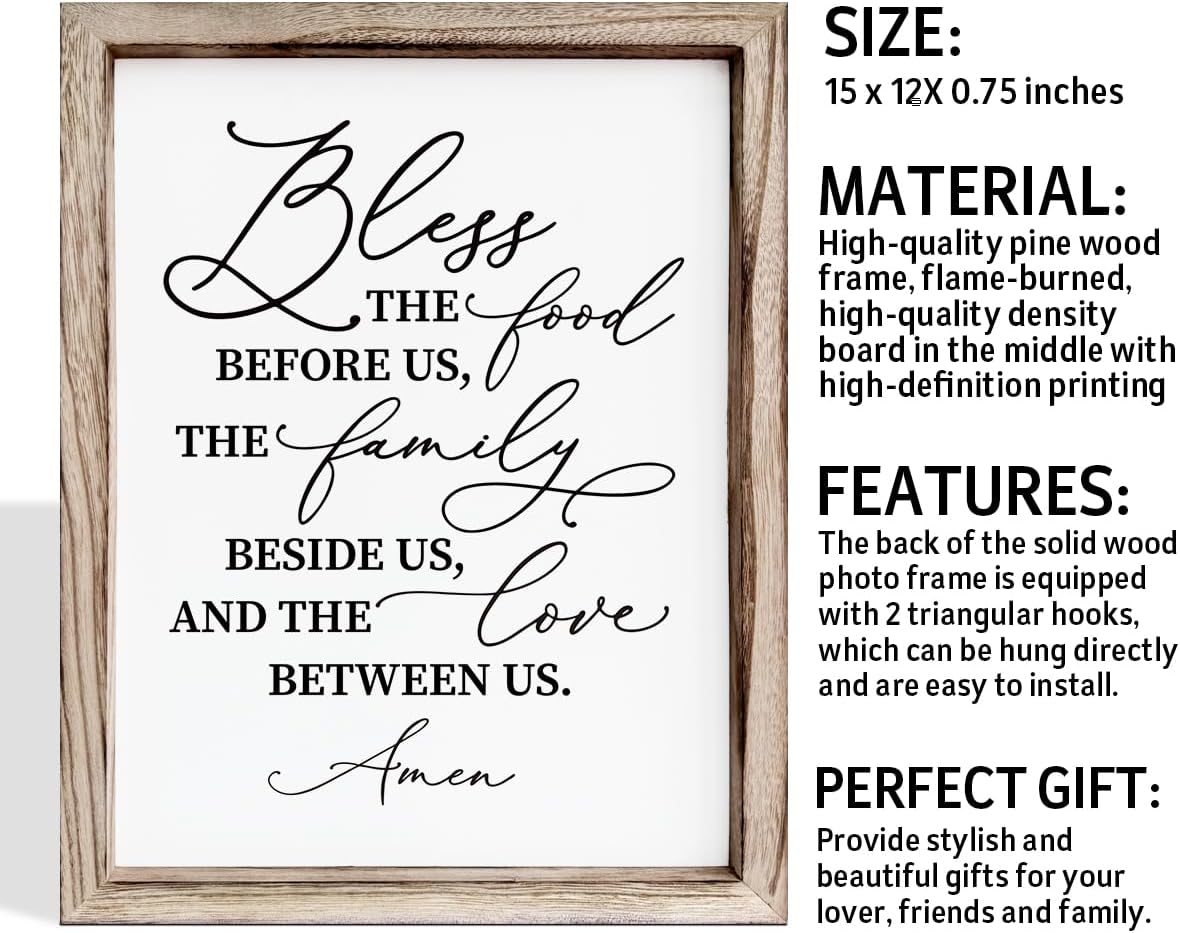 Christian Wooden Wall Sign, Dining Room Decors, Farmhouse Decor for Kitchen, Rustic Home Decor, Framed Wall Plaque Sign 15 * 11.5 inches, Bless the Food Before Us