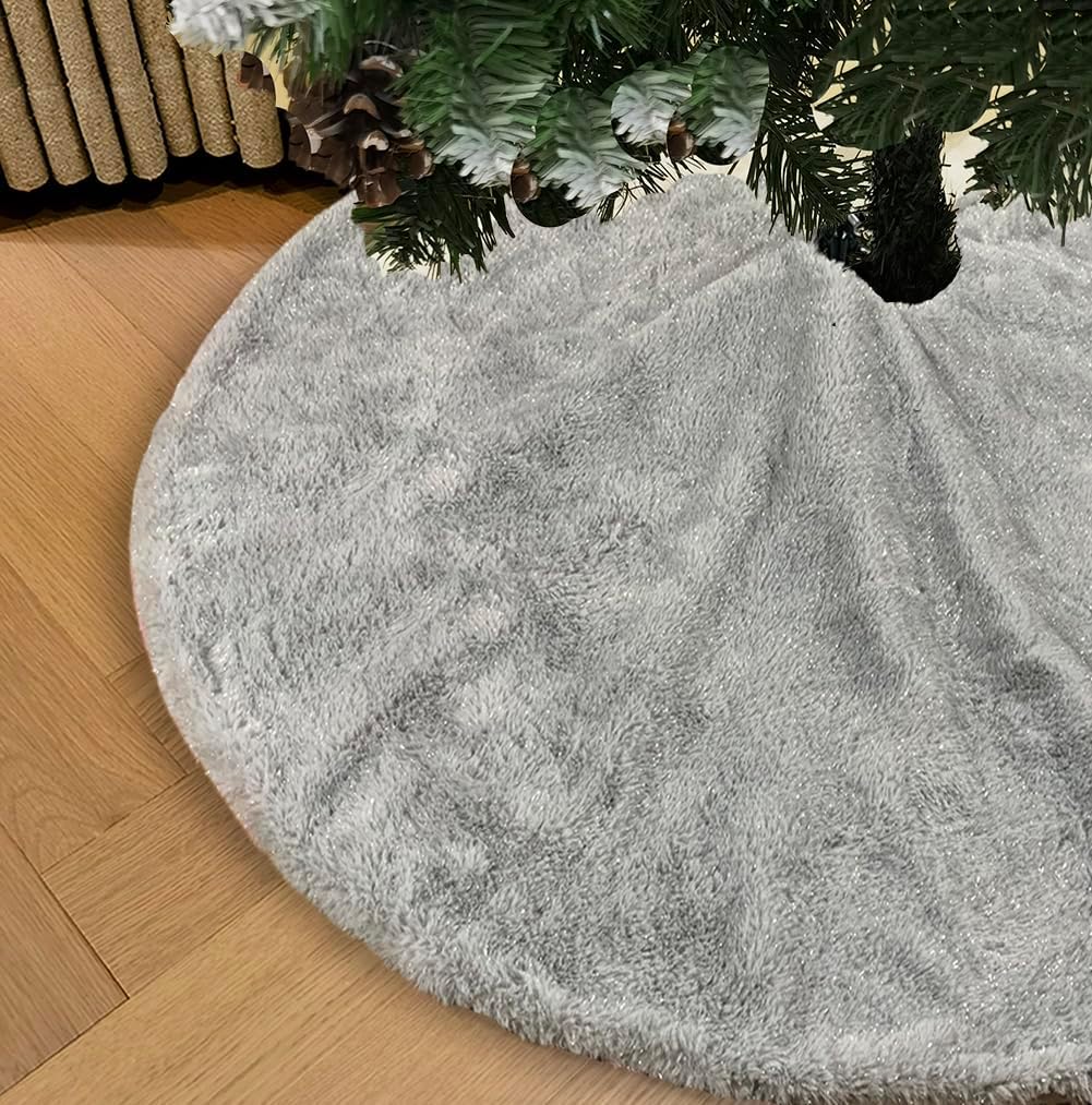 AISENO 48 Inch Christmas Tree Skirt Faux Fur Grey Bright Silk Shiny Decoration for Christmas Tree Plush Merry Christmas Decorations Decor