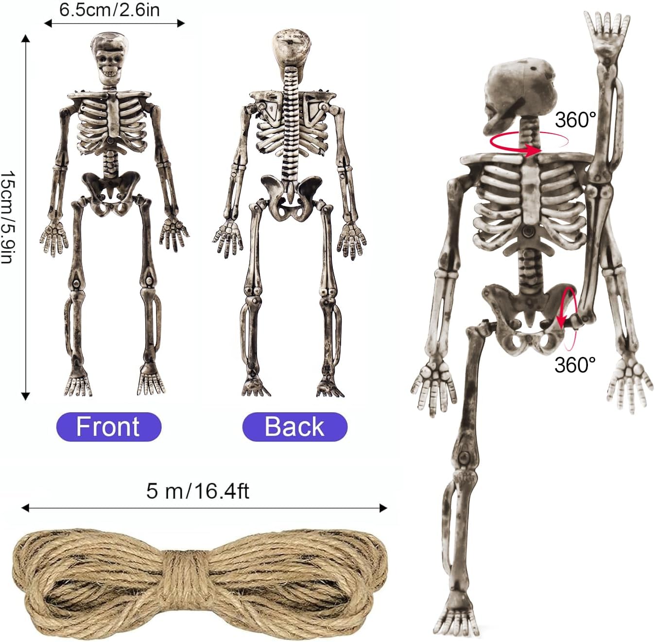 16 Pcs mini skeleton halloween decoration With hemp rope，6”small plastic posable halloween tiny skeleton figurines decor for Halloween Indoor Outdoor Graveyard Decor Haunted House Party Favors