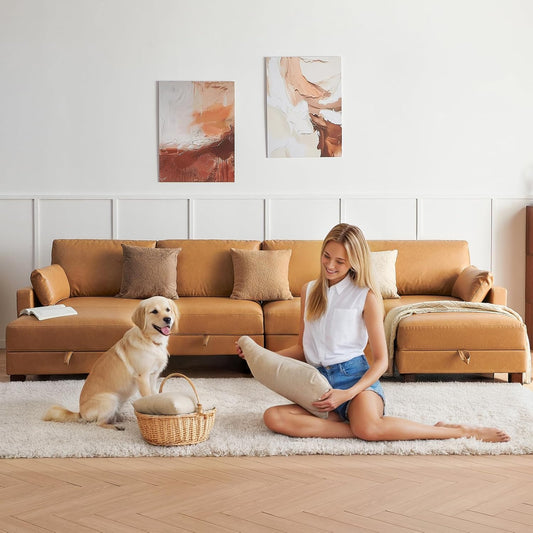 U-Shape Modular Sofa Couch 128" Modern 4-Seat Sofa with Chaises, Upholstered Sectional Couch with Wood Square Legs for House, Living Room, Reception Room, Apartment, Tan