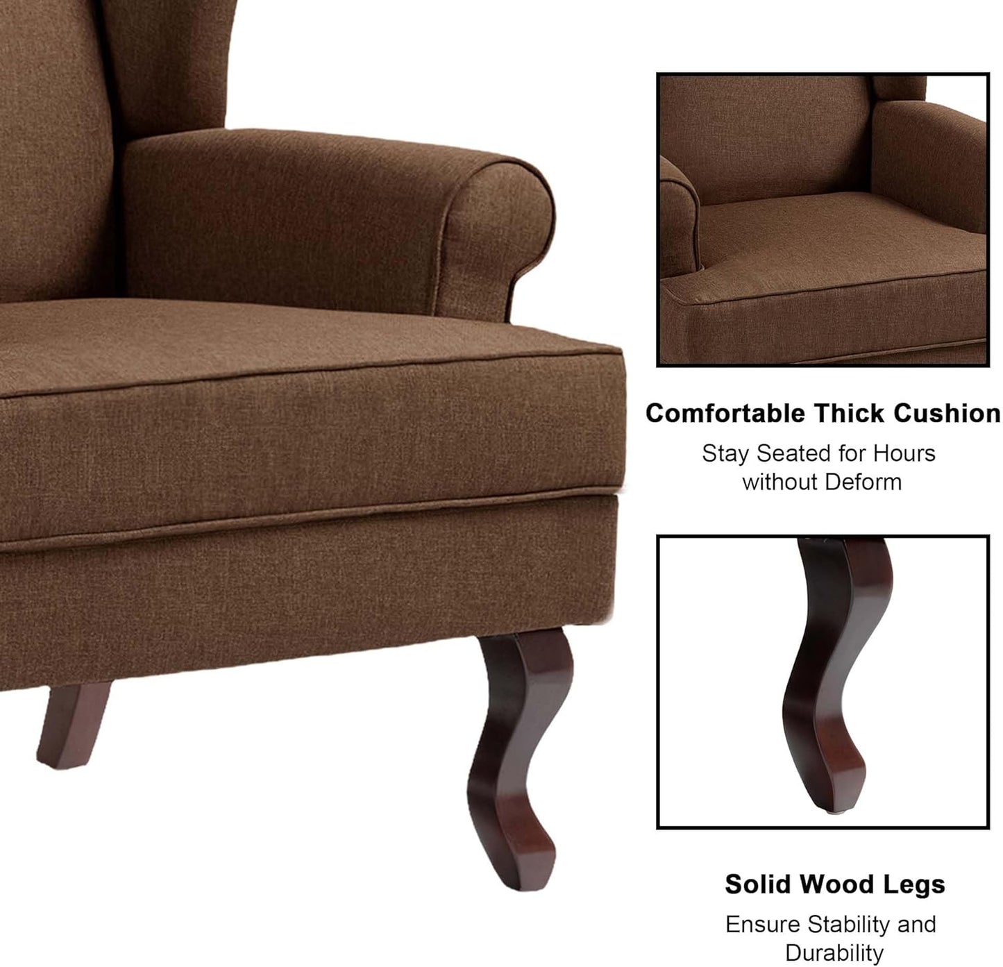 Accent Chair, High Back Upholstered Armchair with High Resilience Sponge & Wood Legs, Mid-Century Modern Comfy Single Sofa Reading Chairs for Living Room, Bedroom (Brown, Set of 2)