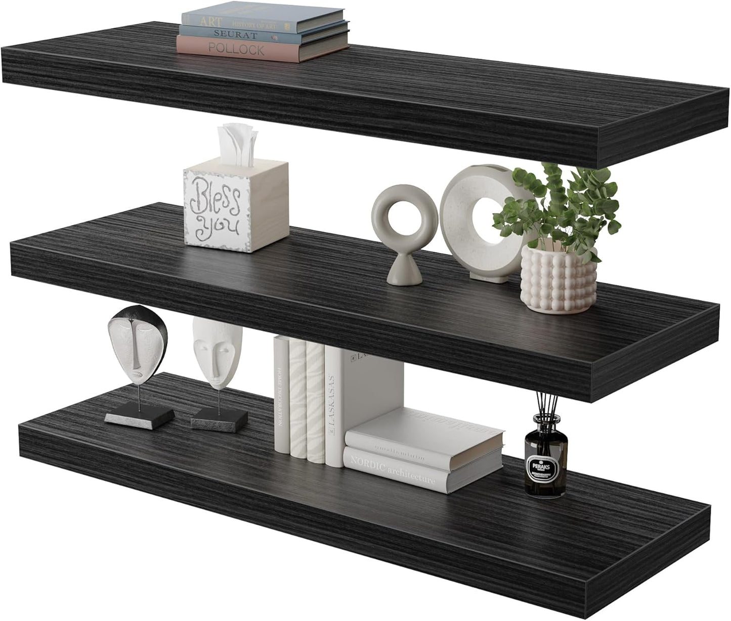 Large Floating Shelves for Wall Set of 3 Wooden Wall Shelves 30 in x 12.75 in x 2 in Room Decor Long Shelf with Invisible Wall Mount Bracket for Bedroom Kitchen Living Room Black Wood