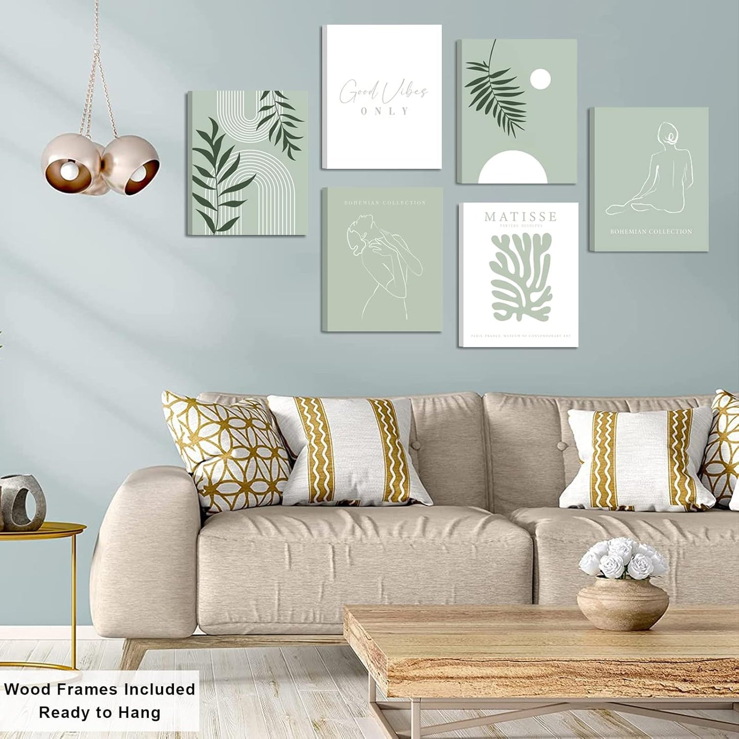 KIOSSUT FRAMED Sage Green Matisse Wall Art, Aesthetic Pictures for Wall, Women Body Line Art Leaf Boho Art Prints, 8x10 Inch, Framed)