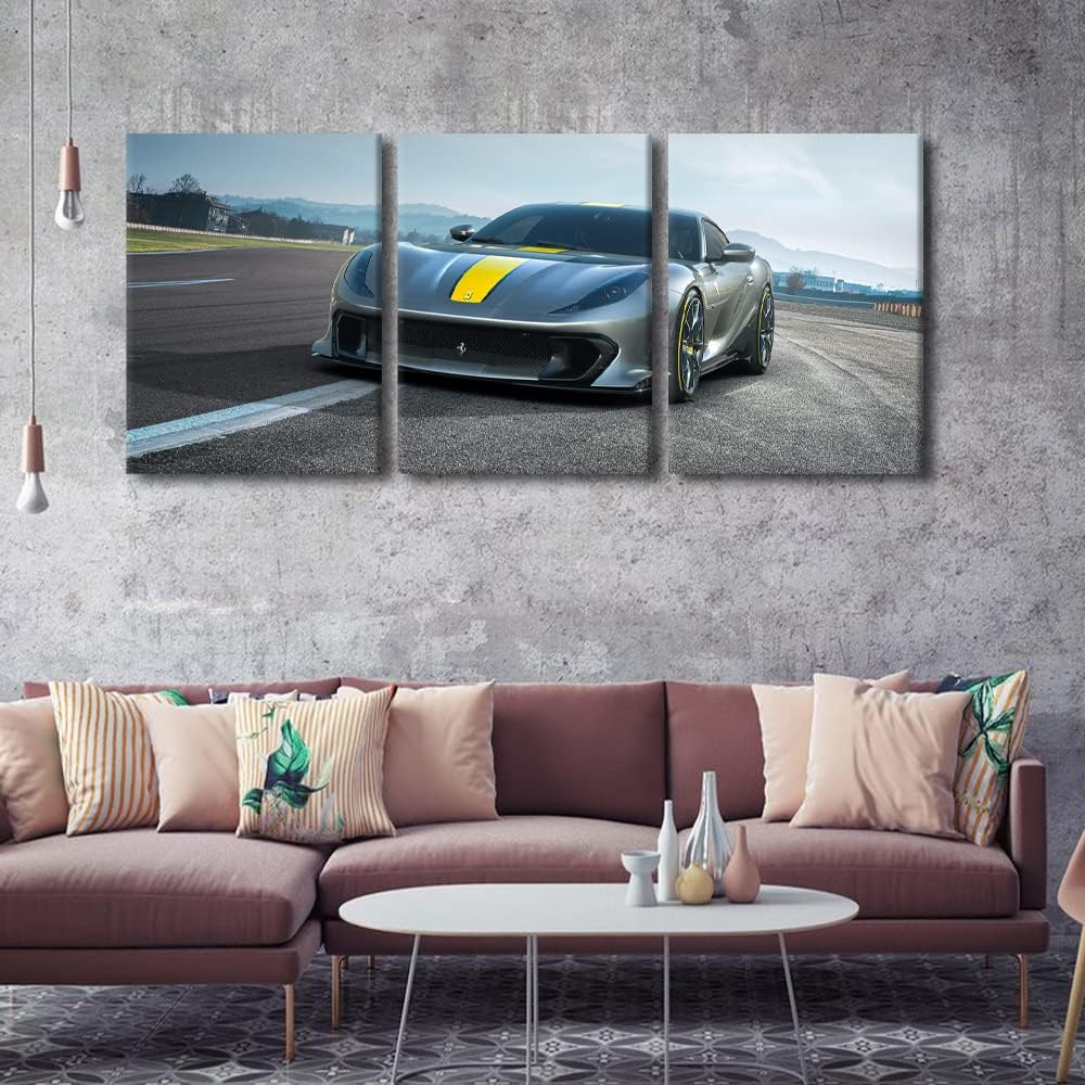 Wall Art Decor Painting on Canvas Gray Sports Car on the Road Pictures for Home Walls Speed Racing Cars Office Wall Art Framed 3 Pieces Supercar Modern Artwork for Living Room Bedroom, 36" Wx16 H