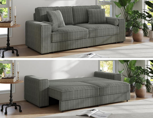 91-Inch Corduroy Pull Out Couch with Storage, Convertible Queen Sleeper Sofa with Pull Out Bed, Hide a Bed Couches for Bedroom, Guest Room, Apartment, Small Places, RV (Grey)