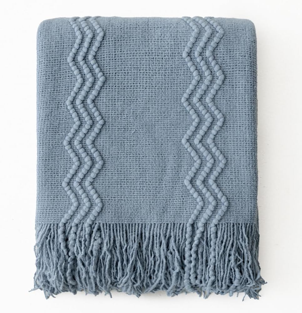 MIULEE Dusty Blue Cozy Knitted Throw Blanket for Couch Textured Knit Blanket with Tassels Woven Acrylic Wave Pattern Boho Blankets for Sofa Bed Chair 50"x60"