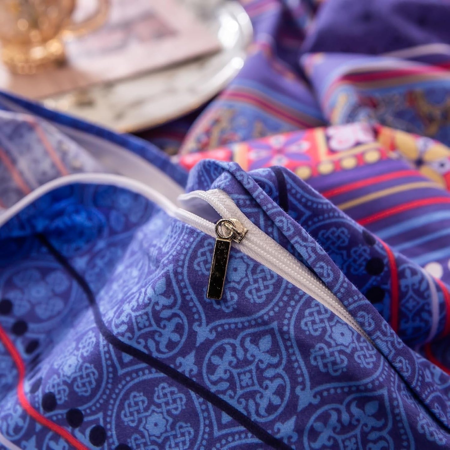 ABREEZE Bohemian Vintage Queen Size Floral Cotton Bedding Set 3Pcs Duvet Cover Set Boho Purple Paisley 100% Egyptian Brushed Cotton Reversible Home Bedding Collection