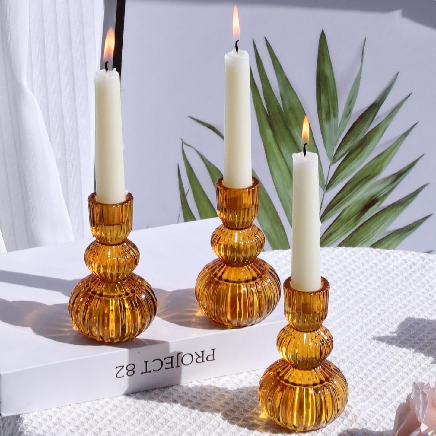 Woho Amber Candlestick Holders Set of 6 4.3" H for Thanksgiving/Fall Decorations, Ribbed Glass Taper Candle Holders Halloween Table Centerpiece, Vintage Candle Sticks Holder Decor for Boho Home Decor