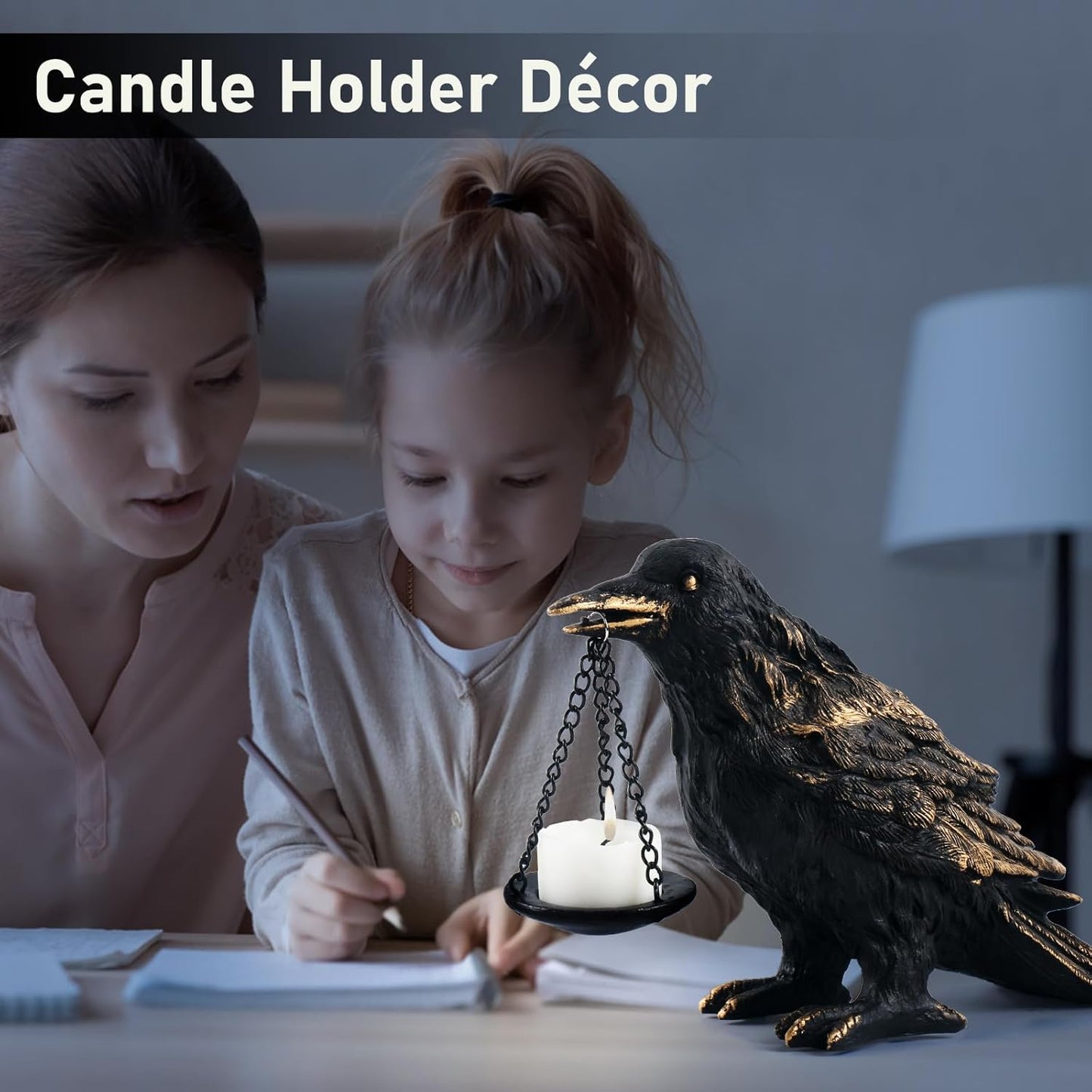 Raven Gothic Home Decor Fake Crow Light Holder Raven Lamp Tealight Candle Holder Resin Raven Statue Wearing Gold