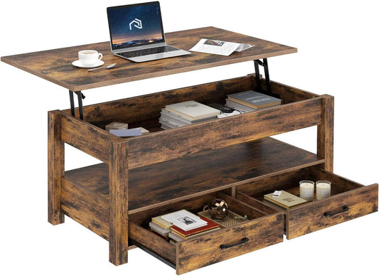 Rolanstar Coffee Table, 47.2" Lift Top Coffee Table with Drawers and Hidden Compartment, Retro Central Table with Wooden Lift Tabletop, for Living Room, Rustic Brown