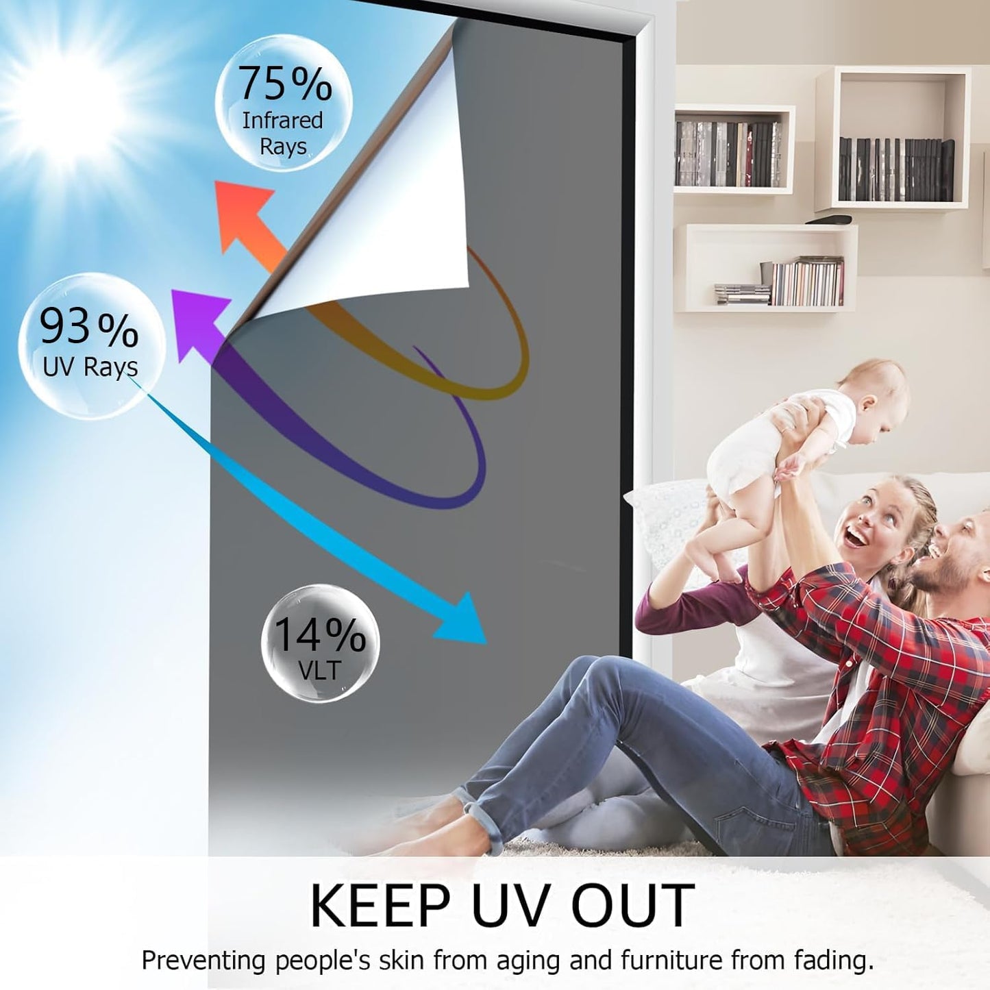 HIDBEA One Way Window Film, Daytime Privacy Sun Blocking Reflective Window Film No Glue Static Cling Heat Control Window Tinting Film for Home and Office, Black Silver, 55.1 x 393.7 Inch