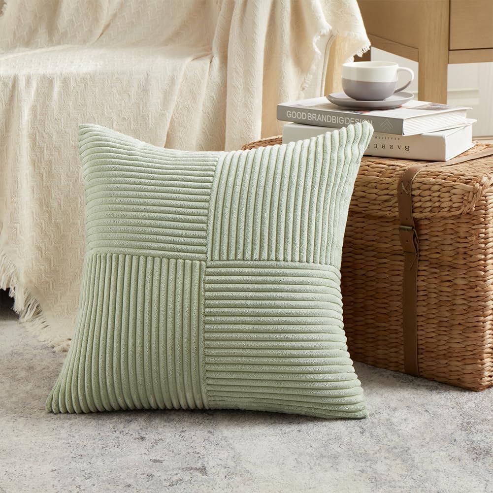 Fancy Homi 2 Packs Sage Green Decorative Throw Pillow Covers 20x20 Inch for Living Room Couch Bed Sofa, Farmhouse Boho Home Decor, Soft Corss Corduroy Patchwork Accent Square Cushion Case 50x50 cm