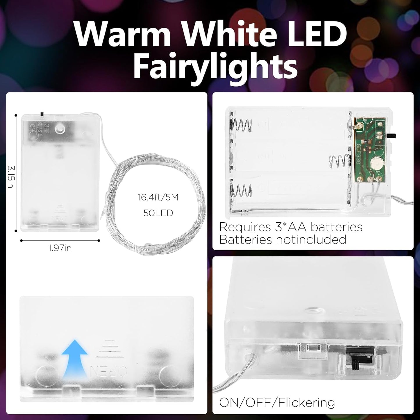 Fairy Lights Battery Operated String Lights 16.4ft 50LED Flashing and Constant Light Waterproof Silver Wire for Christmas DIY Party Bedroom Wedding (Multicolor, 2 Pack)