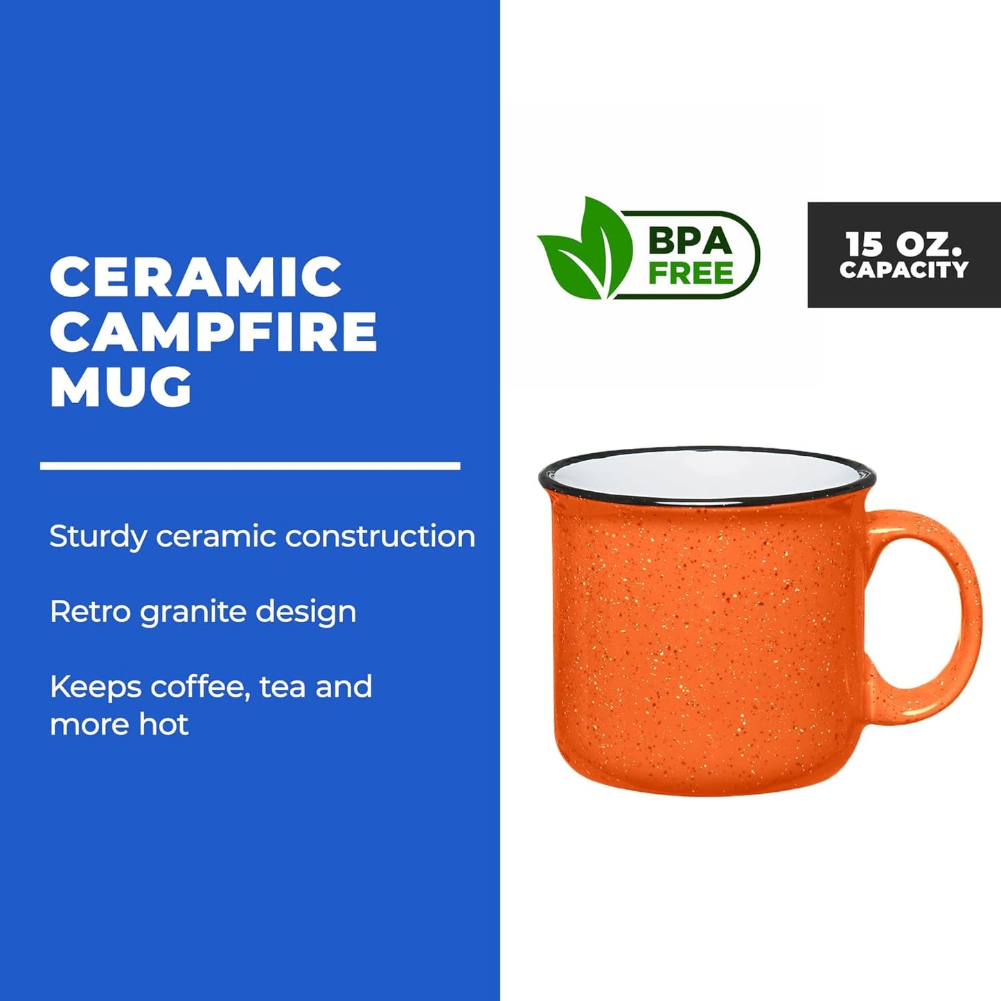 Set of 8 Ceramic Campfire Mugs – 15 Oz, Orange – Coffee & Tea Cups for Home, Work, Travel, Camping – Customizable, Great for DIY, Events, Companies