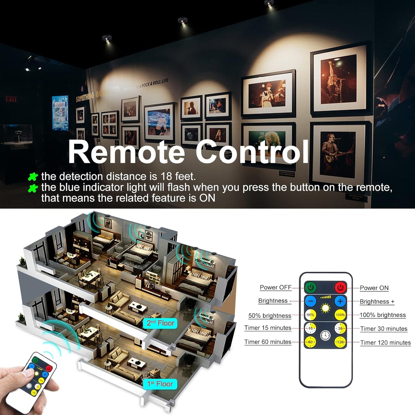 Wireless Spotlight Battery Operated, LED Picture Lights, Stick on Uplighting for Indoor Plant Tree Painting Artwork Portrait Photo Art, Dimmable Accent Puck Light with Remote, 2 Pack