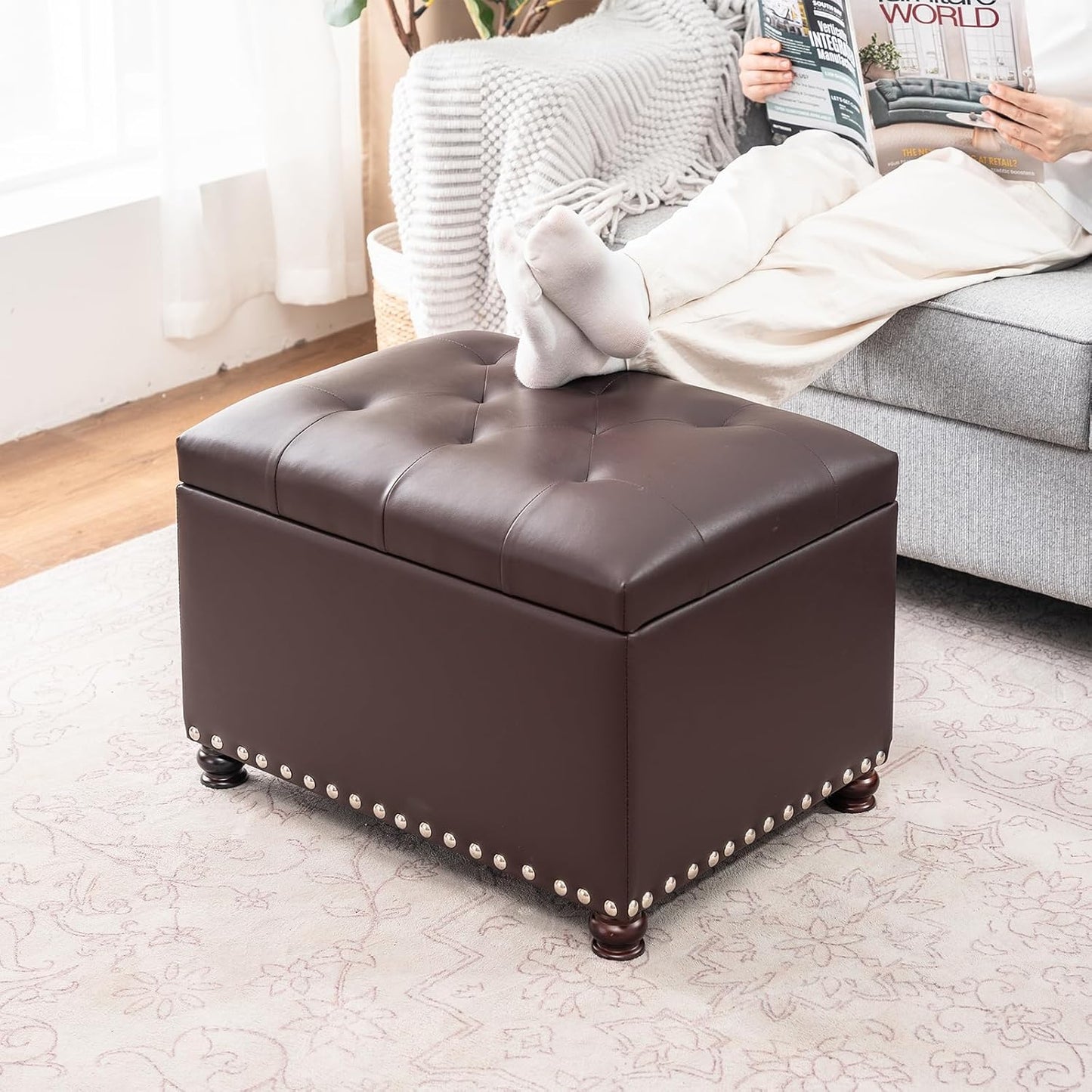 Joveco Leather Storage Ottoman Bench Rectangle 24 Inch Foot Rest Ottomans Stool for Living Room Bedroom(Brown)