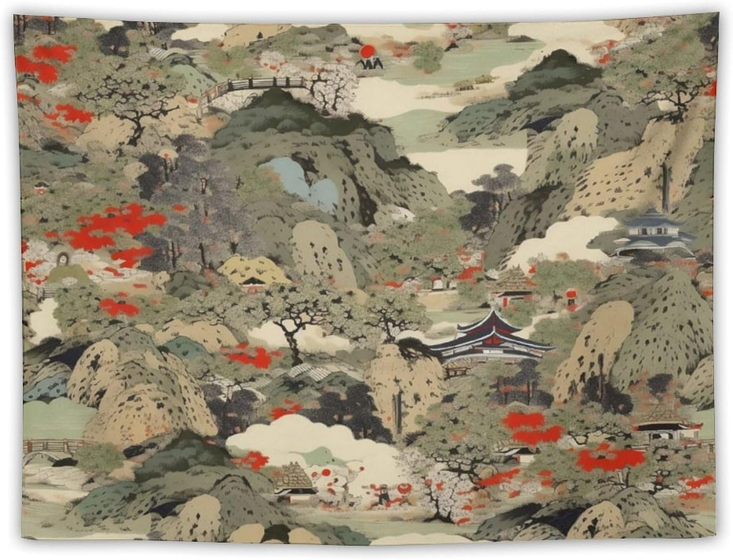 Asian Tapestry,Japanese Red Landscape Asian Watercolor Abstract Art Tapestry, Asian Japanese Wall Tapestry, Nature Landscape Tapestries for Bedroom Living Room Decor 80"x60"