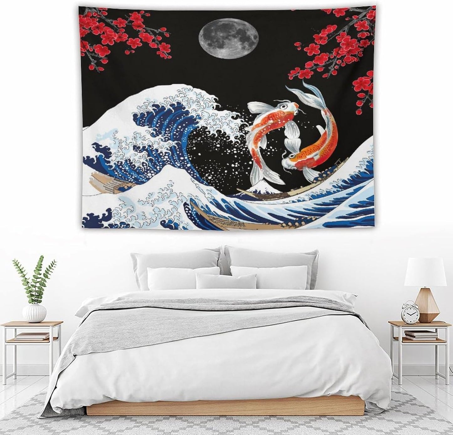 Houselerax Japanese Koi Fish Tapestry, Yin Yang Big Wave Red Cherry Blossom Tapestries Wall Hanging for Bedroom Living Room Office Decor 80"x60"
