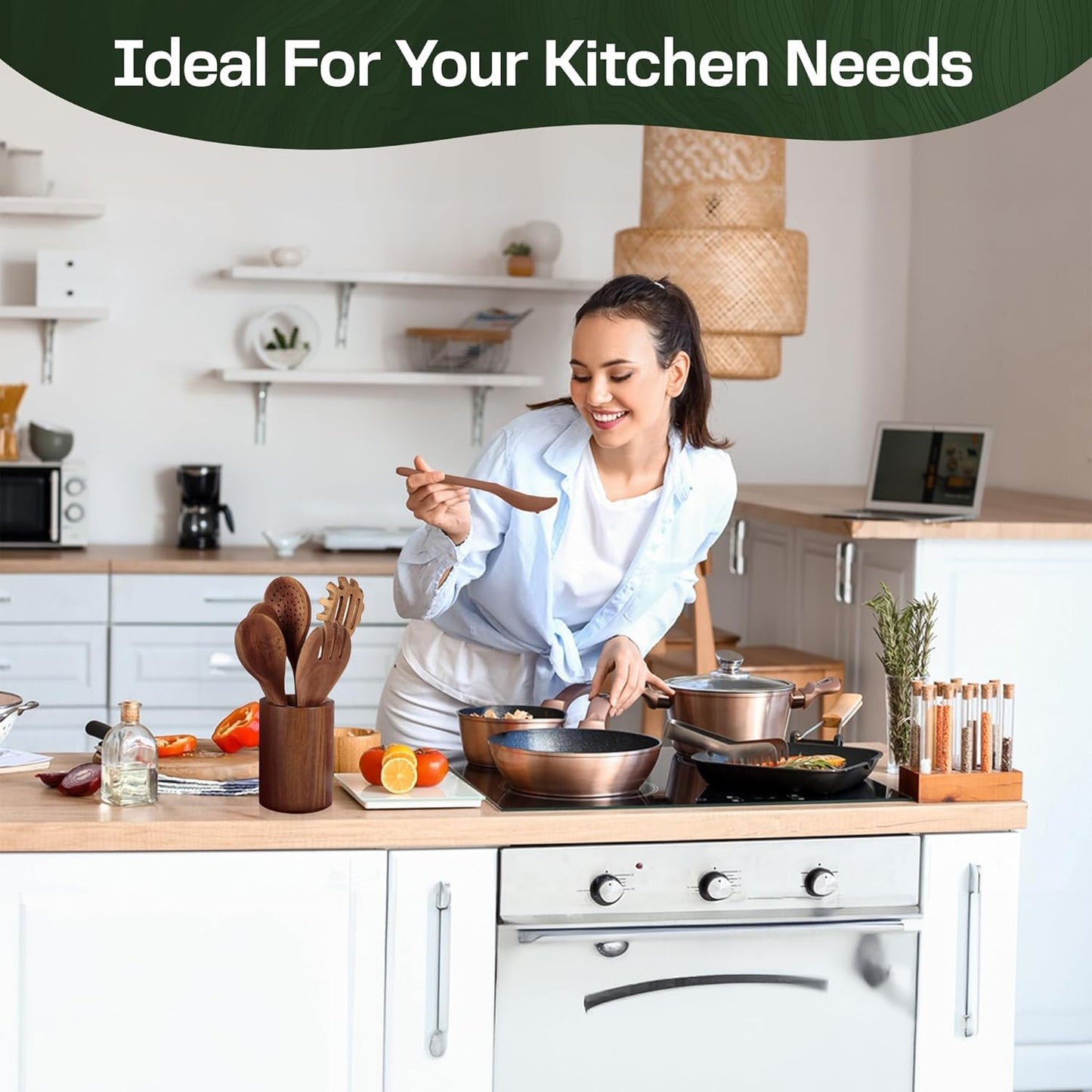 Wooden Spoons for Cooking Set of 10 - Cooking Utensils with Spoon Rest & Holder – Comfortable Grip & Easy to Clean - Wooden Spoon Set for Kitchen with four Hanging Hooks