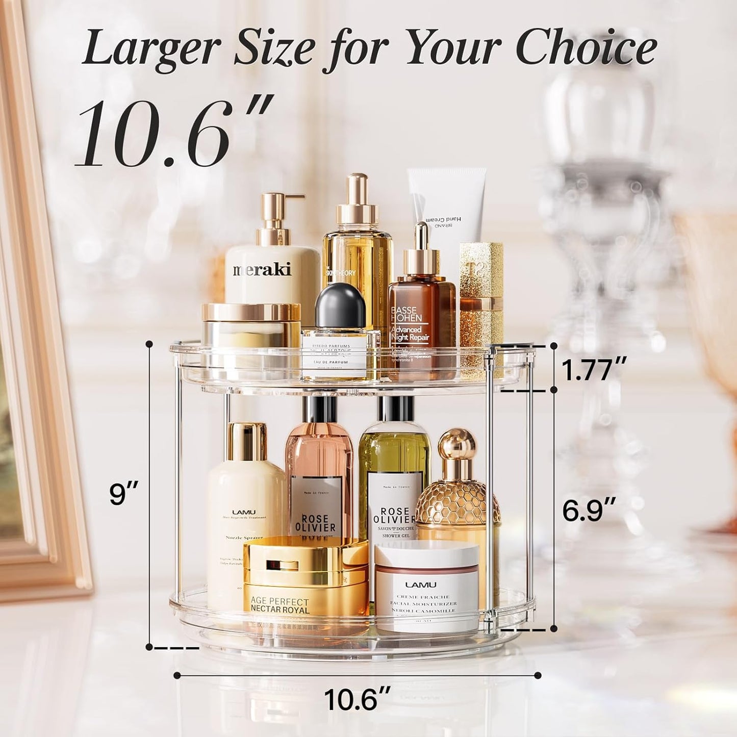 LAMU 10.6in Rotating Makeup Organizer for Vanity, 2 Tier Lazy Susan Turntable Stackable Spinning Skincare Organizer Cosmetic Perfume Tray for Bathroom Counter, Large Capacity, Clear