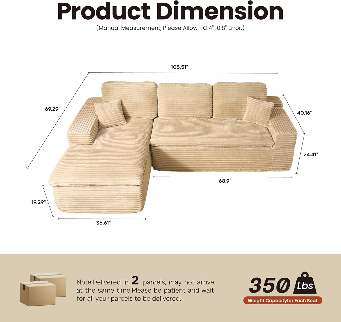 ovios 105” Modular Sectional Sofa with Thicken Seat Cushion, Cloud Couch with Deep Seat, Modern L-Shape Sofas Couches with Chaise,Upholstered Couches for Living Room Bedroom,Beige