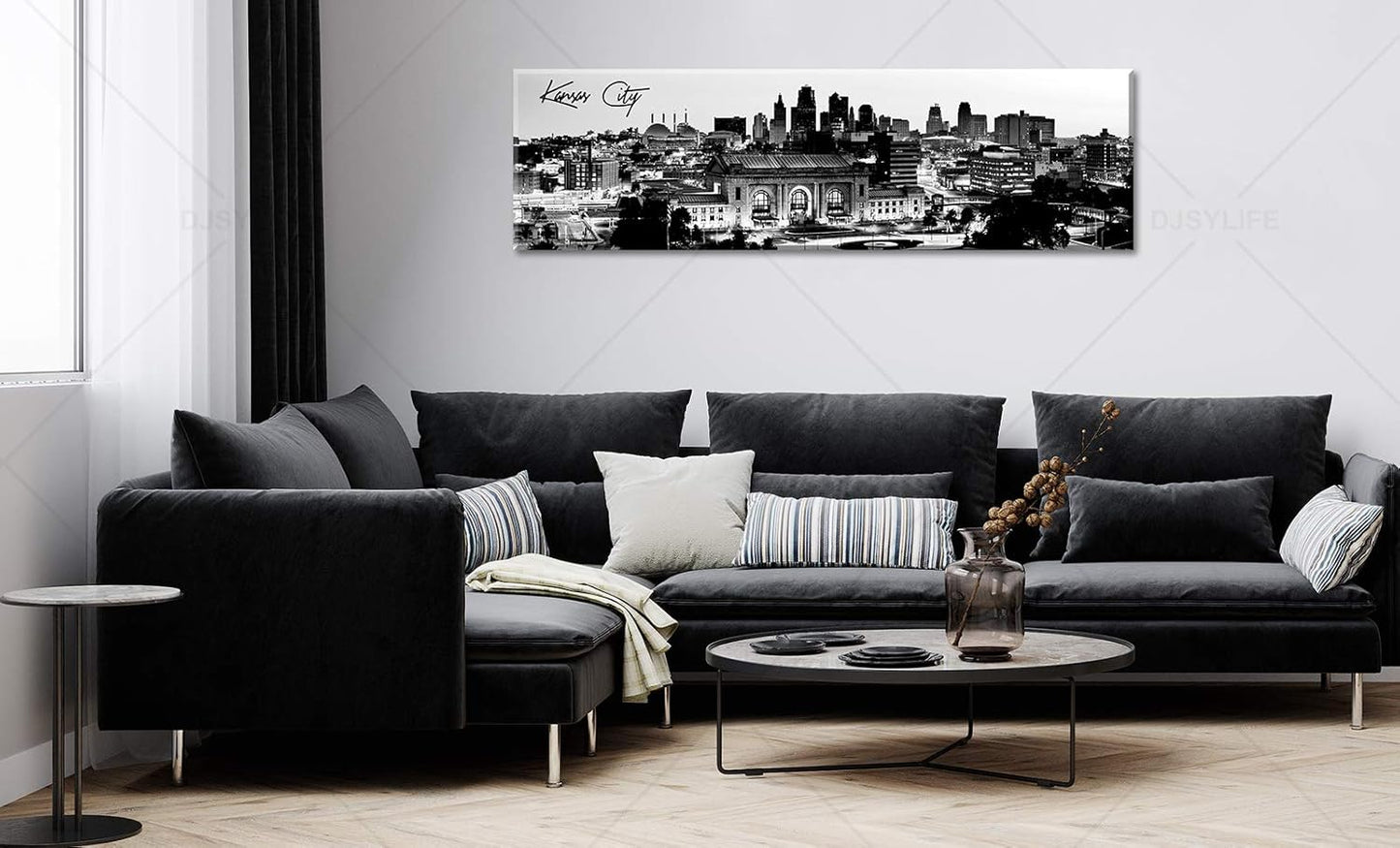 Pictures for Bedroom Black and White Wall Art Kansas City Panoramic Cityscape Skyline Canvas Art Prints for Living Room Office Home Decor Framed and Ready to Hang 13.8"x47.3"