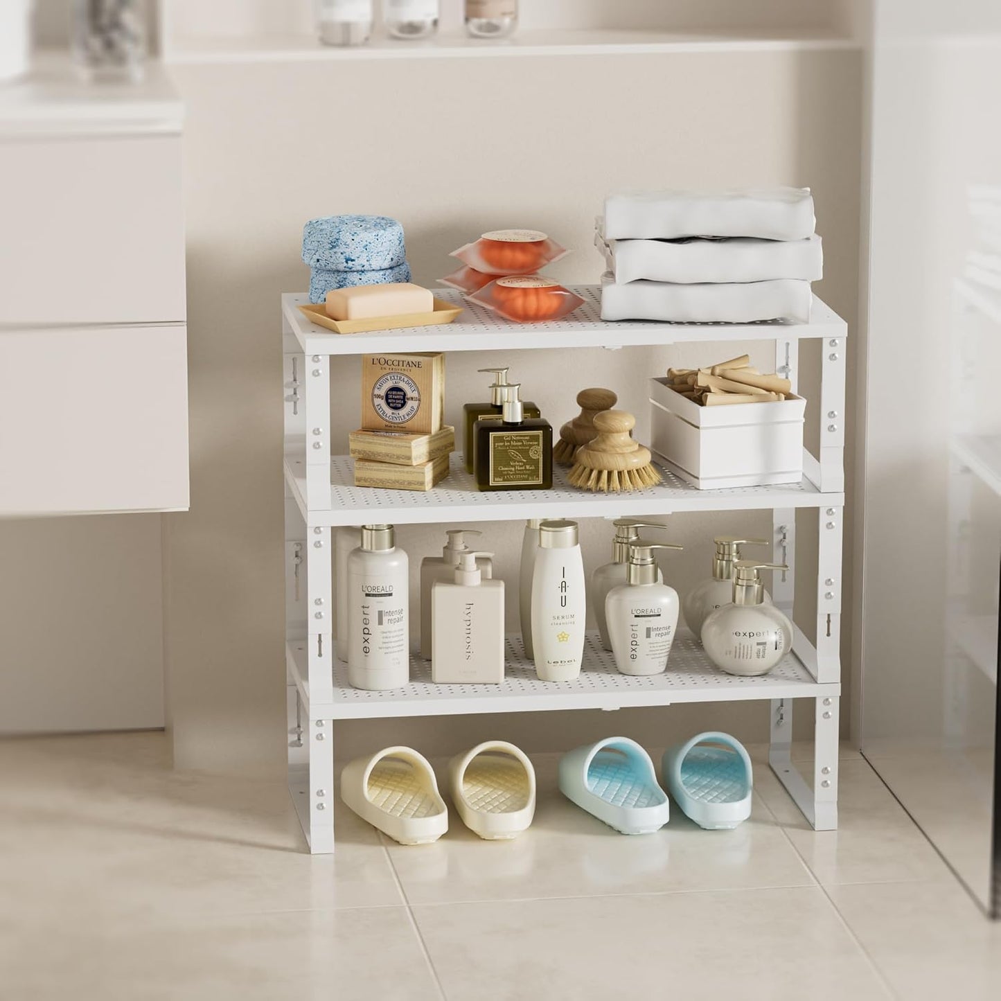 Expandable Spice Rack,Stackable Storage for Cabinet, Multi-Functional Kitchen Shelving,Height-Adjustable,Sustainable Organizer Solution(3Packs/White/Large)