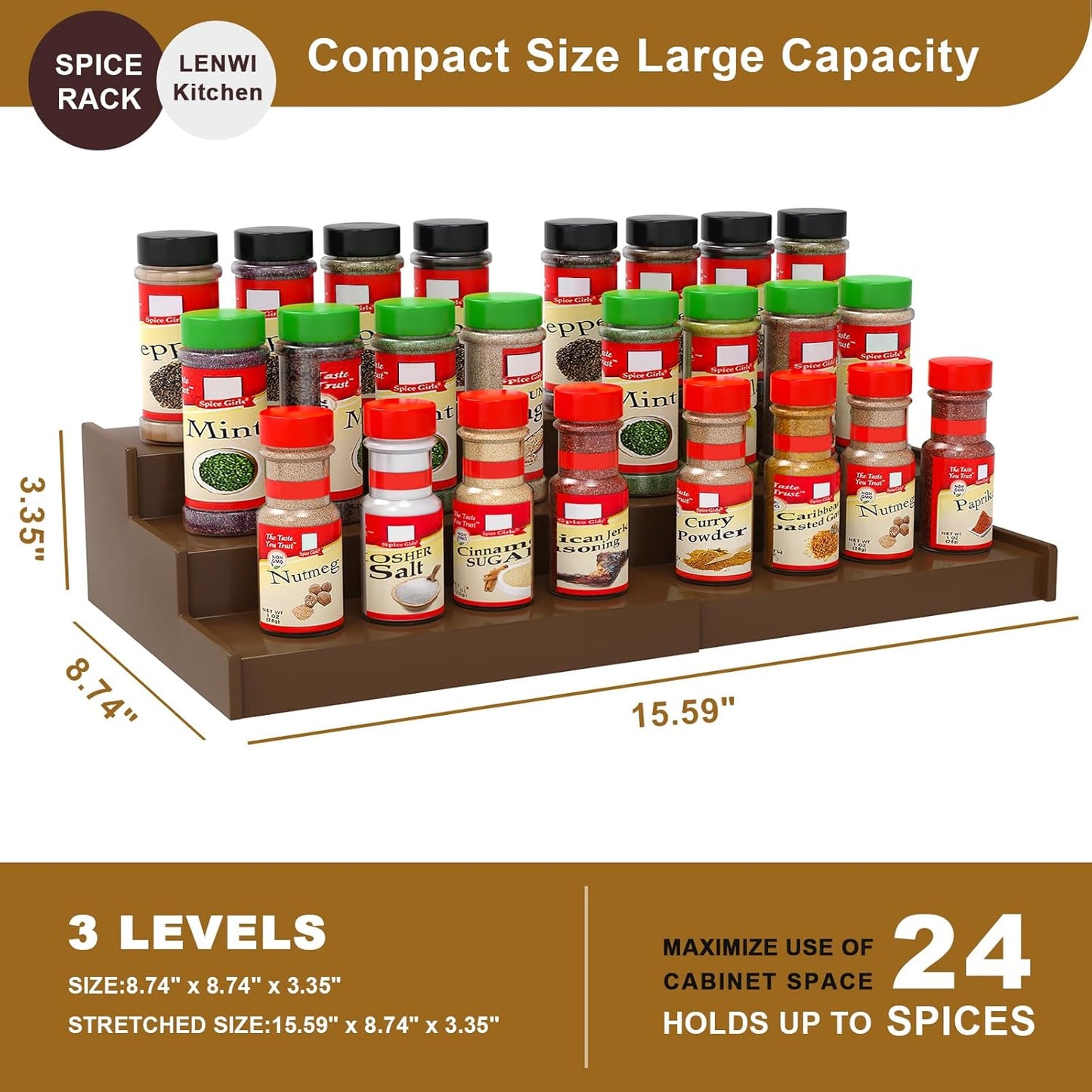 Spice Rack Organizer for Cabinet 2Pack, 3 Tier Expandable Bamboo Spice Storage, Great for Kitchen Cabinet, Cupboard,Pantry and More(Brown)
