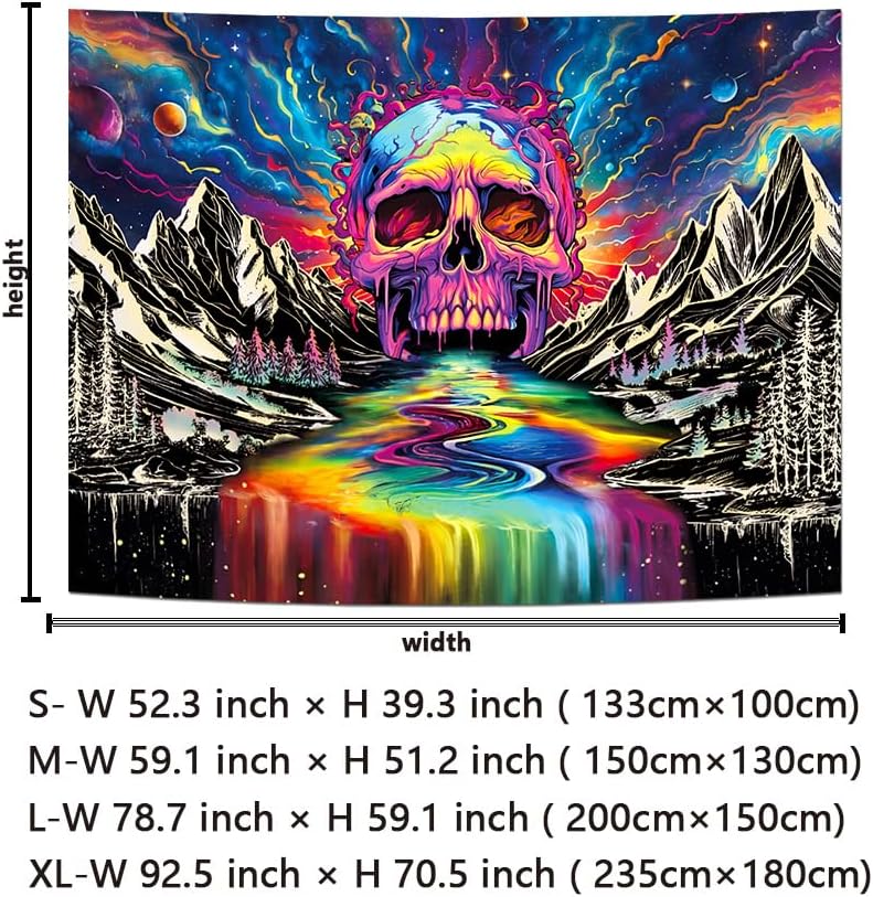 Blacklight Skull Tapestry UV Reactive Galaxy Mountain Planet Tapestries Magic Neon River Wall Hanging Aesthetic Skeleton Wall Decor Forest Trees Landscape Backdrop for Living Room
